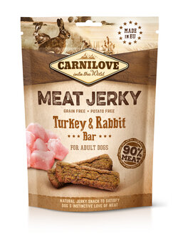 Carnilove Jerky - Turkey &amp; Rabbit Bar  Aanvullend voer voor honden.  Samenstelling: kalkoen (64 %), konijn (26 %), plantaar
